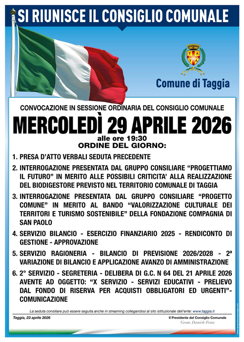 Mercoledì 29 aprile torna a riunirsi il consiglio comunale