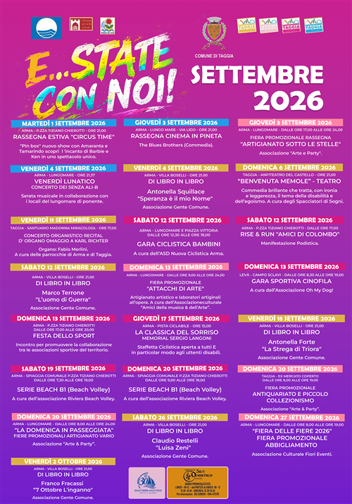 Taggia, settembre allinsegna dello sport, della cultura e delle manifestazioni commerciali: un ricco calendario di appuntamenti per prolungare lestate