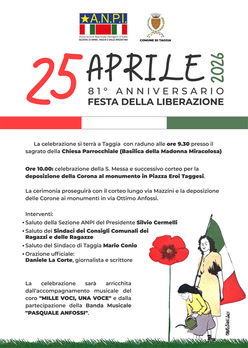 Ricorrenza del 25 Aprile: programma per l81° Anniversario della Liberazione a Taggia