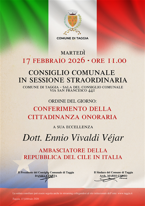 Consiglio Comunale Straordinario per il conferimento della Cittadinanza Onoraria a S.E. Ennio Vivaldi Véjar Ambasciatore della Repubblica del Cile in Italia
