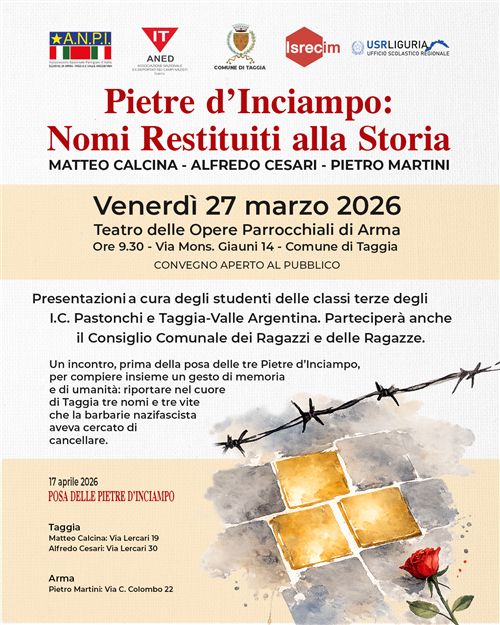 Taggia, Pietre dInciampo: venerdì 27 marzo un convegno aperto al pubblico con la partecipazione delle scuole, il 17 aprile la posa in memoria di Matteo Calcina, Alfredo Cesari e Pietro Martini