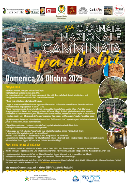 Domenica 26 ottobre torna a Taggia la Camminata tra gli Olivi: un tour tra bellezze storiche, eccellenze enogastronomiche e solidarietà