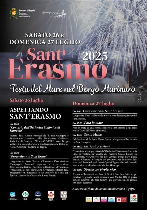 Tutto pronto per i festeggiamenti di Sant’Erasmo: sabato 26 luglio concerto dell’Orchestra Sinfonica di Sanremo, domenica 27 luglio torna il grande spettacolo pirotecnico