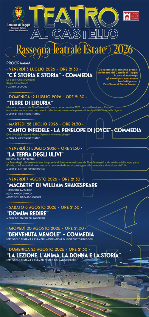 Teatro al Castello 2026: otto appuntamenti tra commedia, prosa e grandi classici nella suggestiva cornice del Castello di Taggia