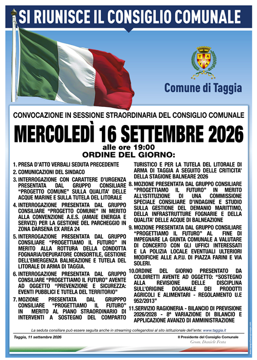 Mercoledì 16 settembre torna a riunirsi il Consiglio Comunale
