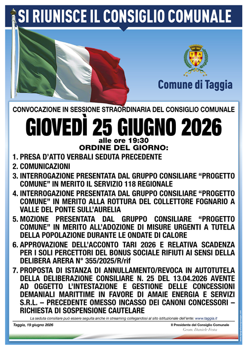 Convocazione consiglio comunale per il 25.06.2026