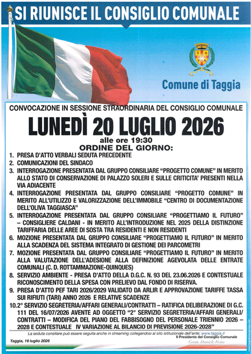Lunedì 20 luglio torna a riunirsi il Consiglio Comunale
