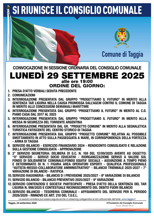 Lunedì 29 settembre 2025 torna a riunirsi il Consiglio Comunale